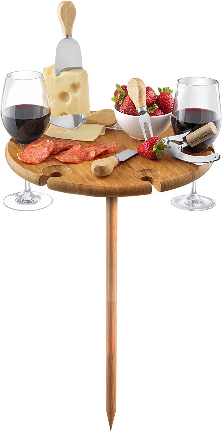 bamboo beach table with wine glass holder
